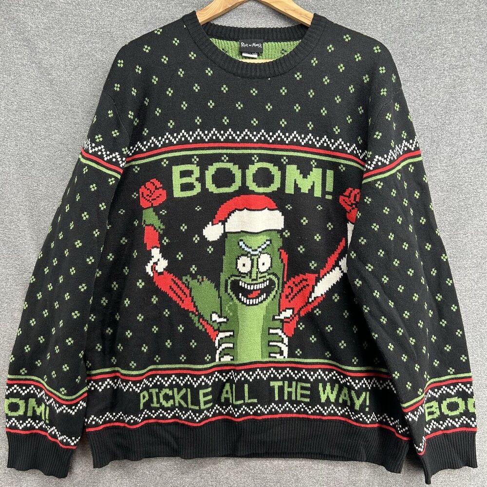 Rick and Morty Mens XXL Pickle Rick Ugly Christmas Sweater Boom Knit Adult Swim